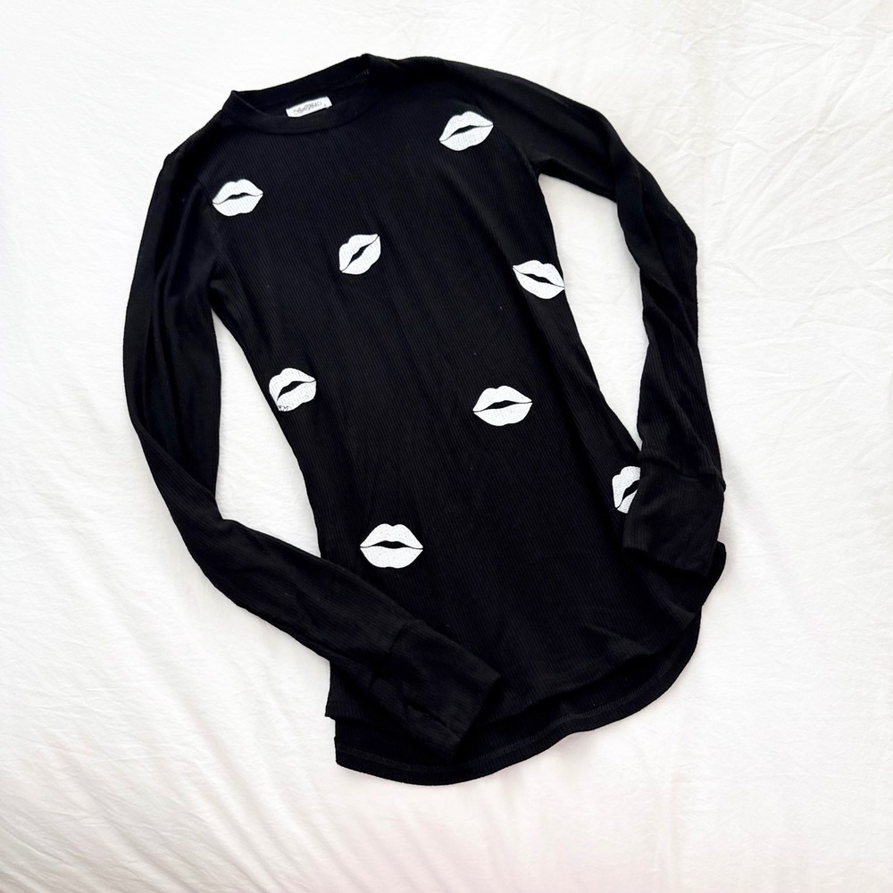 Lauren Moshi McKinley All Over Lips Top Black Long Sleeve Size Small - Picture 2 of 8